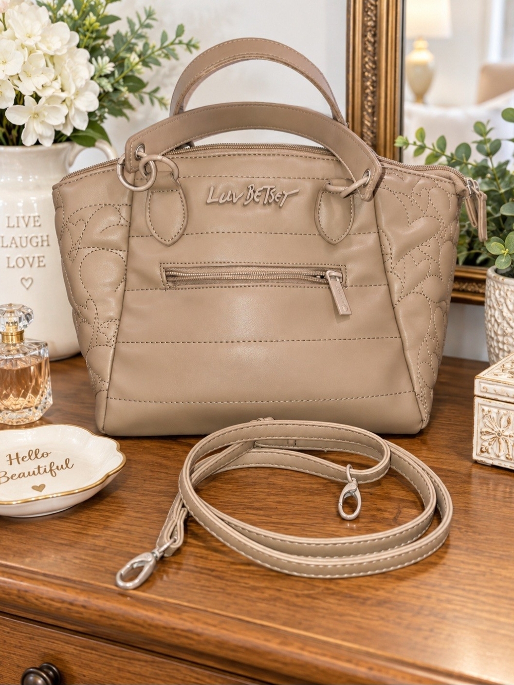 Betsey Johnson Taupe Quilted Heart Satchel